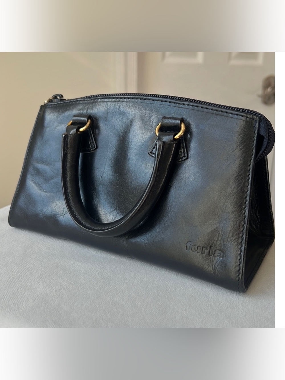 Vintage Furla Black Leather Top-Handle Bag with Gold Hardware
